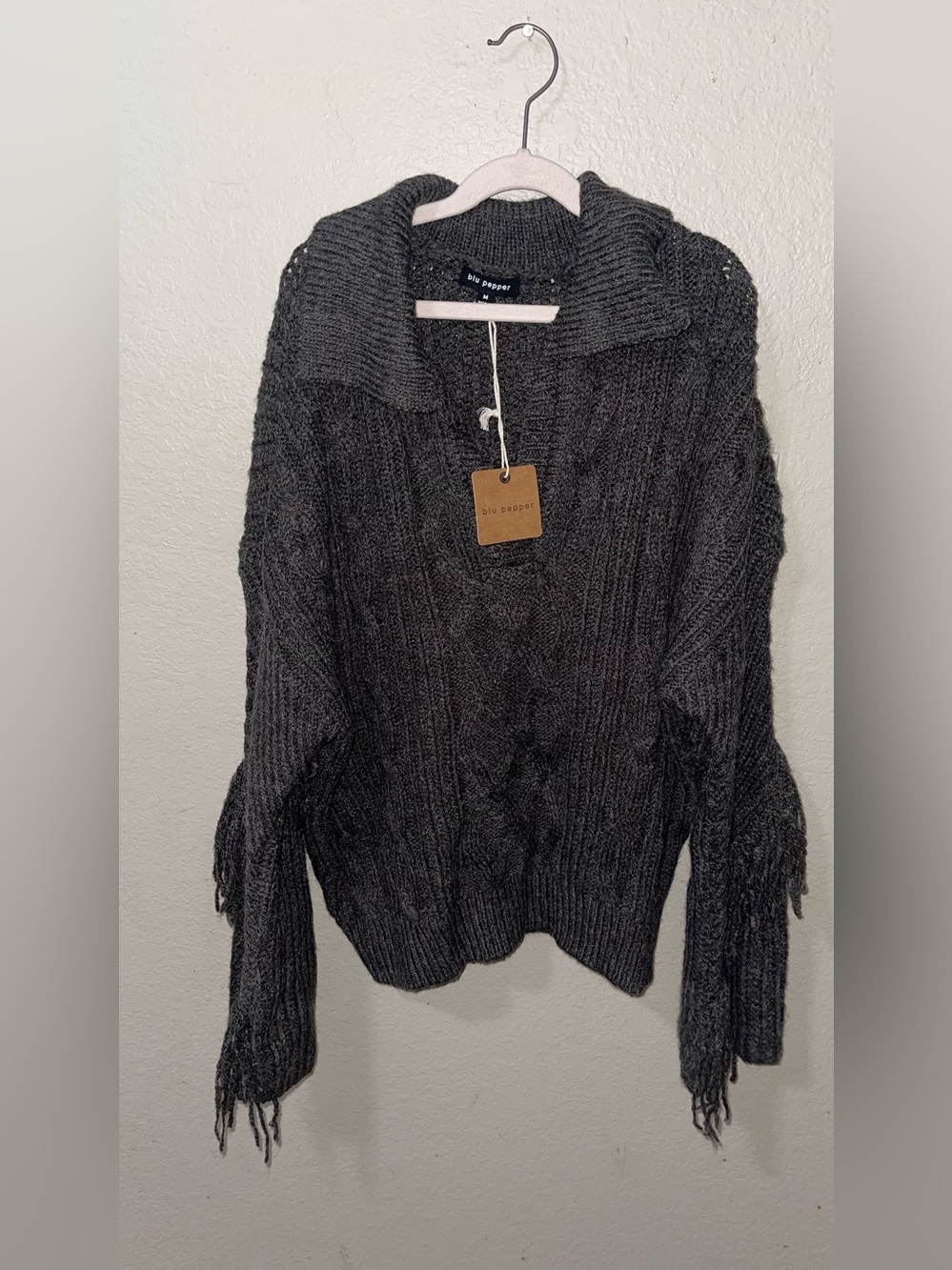 Blu Pepper Dark Charcoal V-Neck Cable Knit Sweater with Fringe